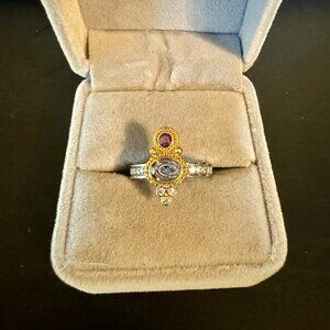 Rhodium and Gold Plated Ring With Lab Created Blue Zircon